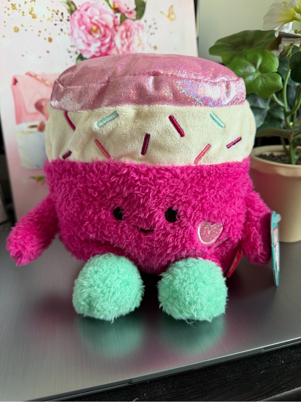 Pink Cupcake Plush with Mint Feet - Soft Kids Stuffed Toy weighted bottom